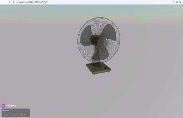 Interactive fan model in a browser with translucent cross-section and x-ray styling.